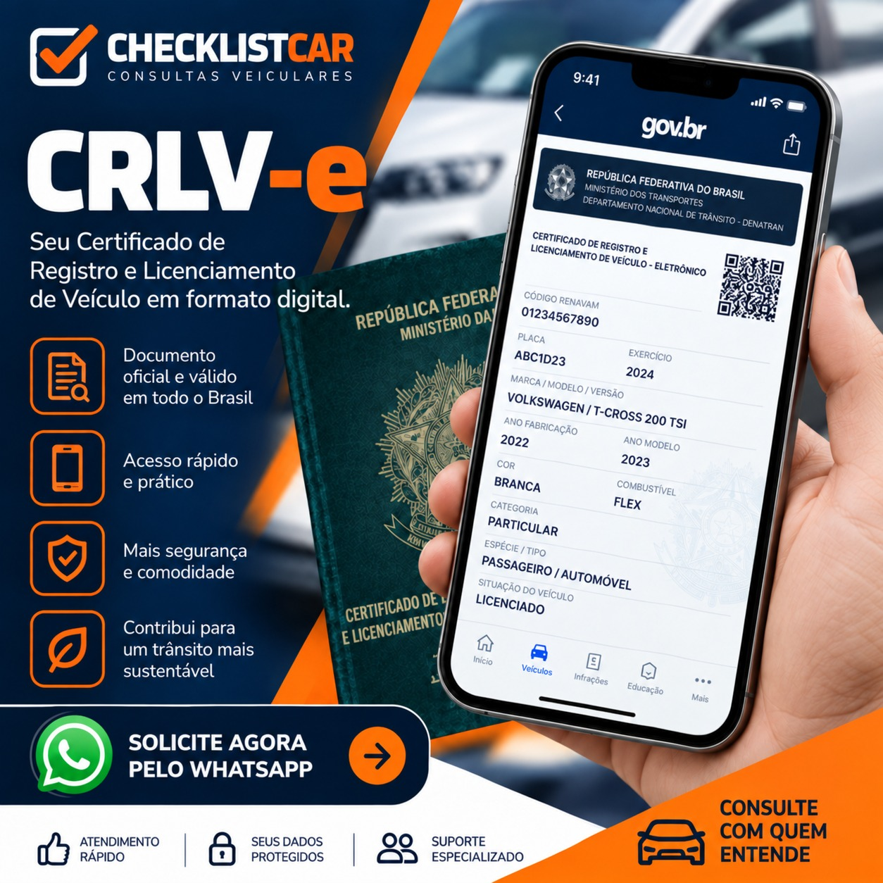 Arte informativa sobre o serviço de CRLV-e da Checklist Car