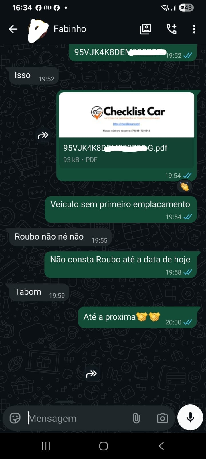 Conversa real com cliente 1 confirmando consulta de motor